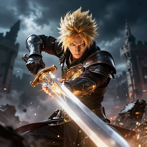 Photorealistic digital art of a blonde, spiky-haired, armored warrior with intense eyes, wielding a glowing sword against a dark, stormy castle
