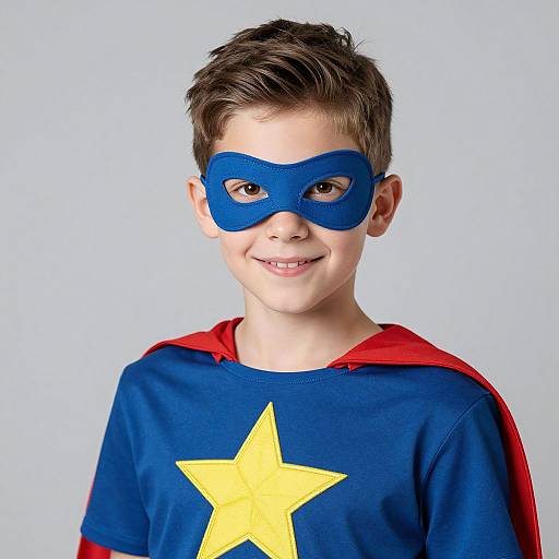 Photograph of a young boy with short brown hair, wearing a blue superhero mask, red cape, and blue shirt with a yellow star, smiling against
