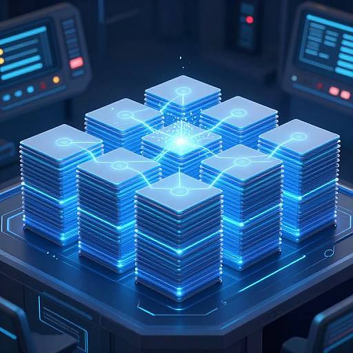 Digital CGI of glowing blue, stacked cubes emitting bright light, centered on a dark, futuristic control panel with illuminated buttons.