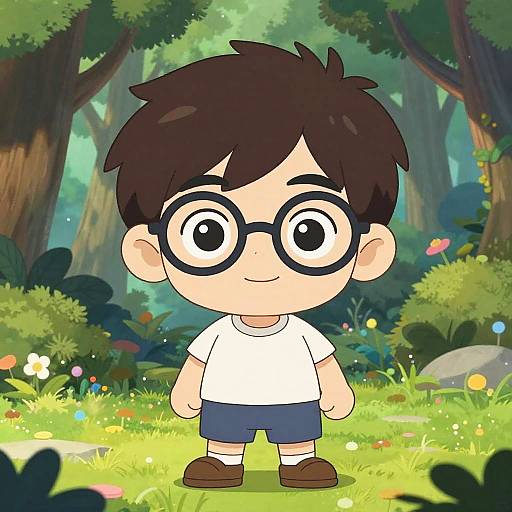 Cartoon illustration of a cute boy with large black glasses, brown hair, white shirt, blue shorts, and brown shoes, standing in a colorful,