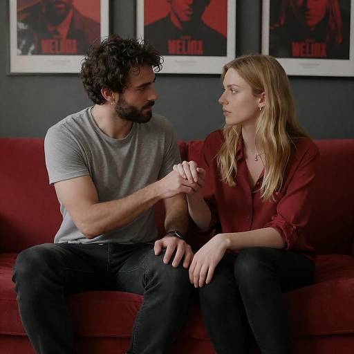 Intimate Couple on Red Couch