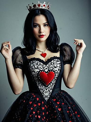 Digital art of a fair-skinned woman with black hair, wearing a black lace corset with red heart, black tulle skirt, and silver crown