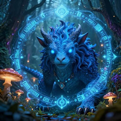 Digital fantasy artwork of a glowing blue, horned, mystical wolf-like creature in a forest, surrounded by a magical blue circular aura, with glowing mushrooms