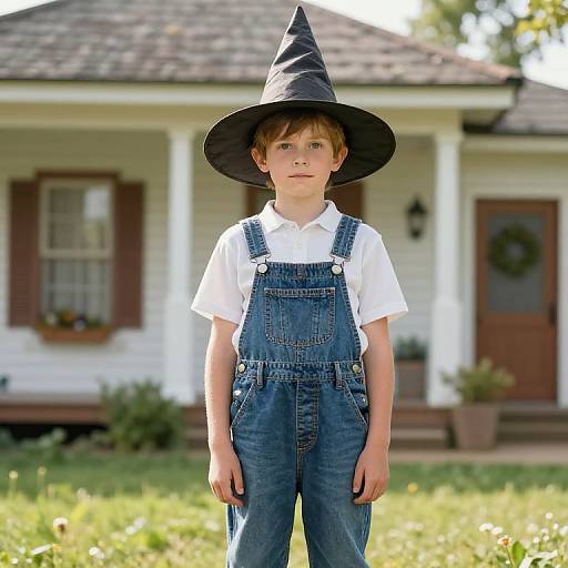 Photograph of a young boy with light brown hair, wearing a black witch hat, white shirt, and blue denim overalls, standing in front of
