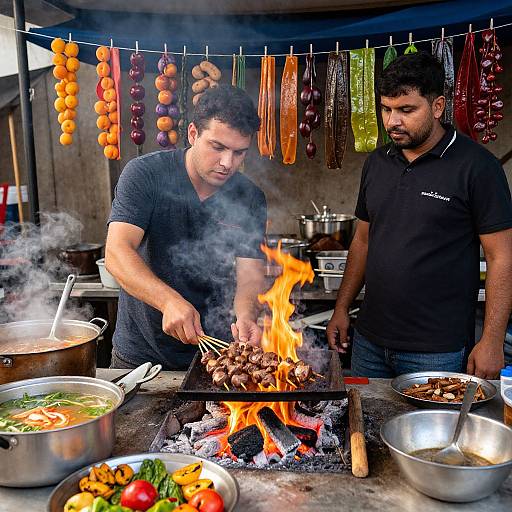 Vibrant Street Cooking Scene with Kebabs