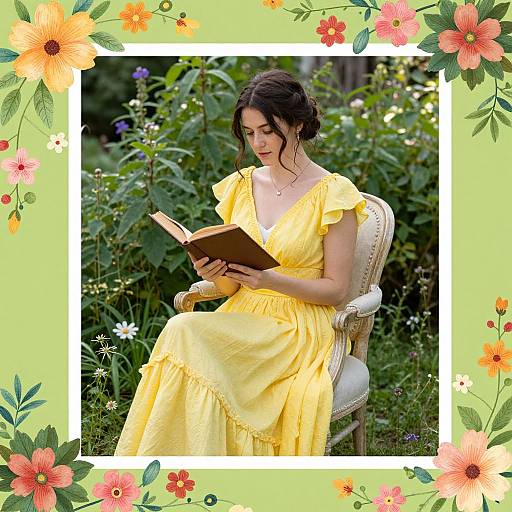 Photograph of a brunette woman in a yellow dress reading a book in a garden, bordered by colorful flowers and greenery.