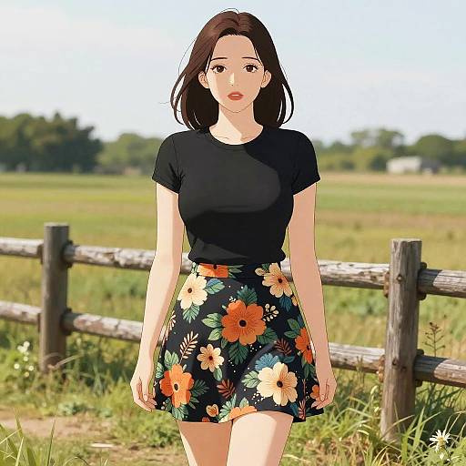 Digital anime-style drawing of a young woman with fair skin, brown hair, black t-shirt, and floral skirt, standing in a sunlit, grass