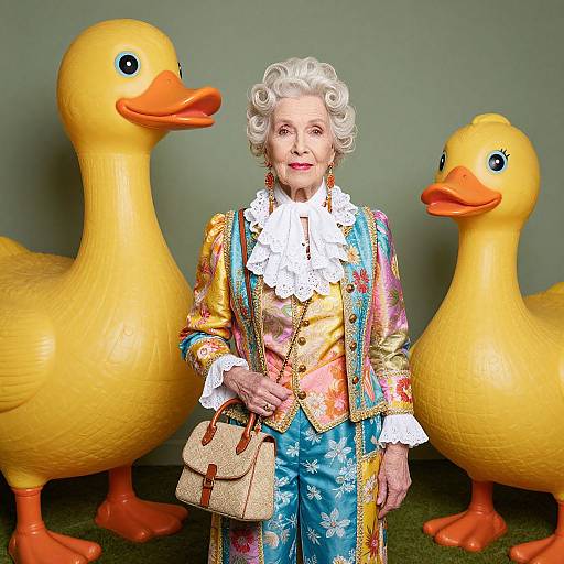 Photograph of an elderly white woman with curly white hair, wearing colorful floral 18th-century attire, lace collar, and handbag, standing between