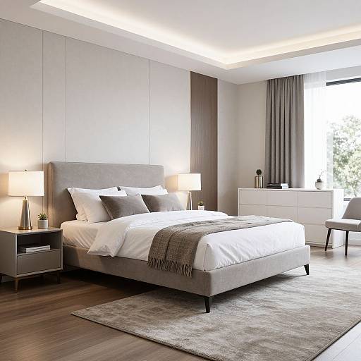 Modern bedroom photograph: gray upholstered bed with white and gray pillows, bedside tables, lamps, gray curtains, white dresser, and wooden floor.