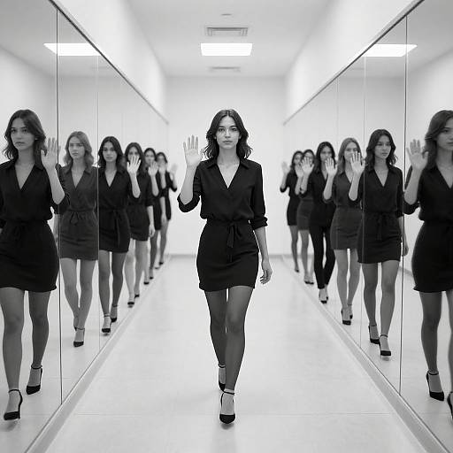 Black-and-white photograph of a woman in a black dress and heels, walking down a mirrored hallway, with her reflected images lining both sides. She raises