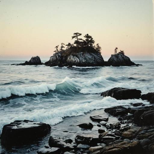 Rocky Island with Icy Waves at Twilight