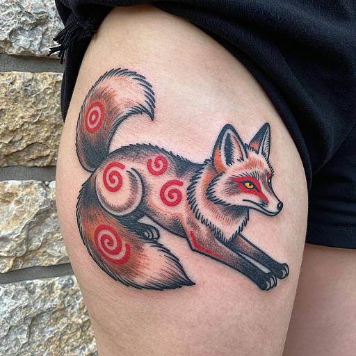 Elegant Fox Tattoo with Red Spirals