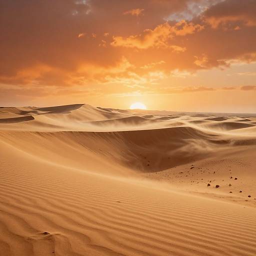 Photograph of a golden desert sunset with rippled sand dunes, illuminated by an orange and pink sky, and gentle sand waves.