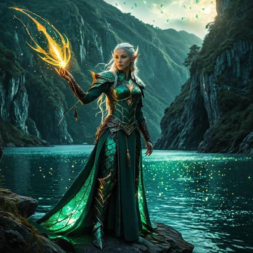 Elven Sorceress with Emerald Fire by Mystic Lake