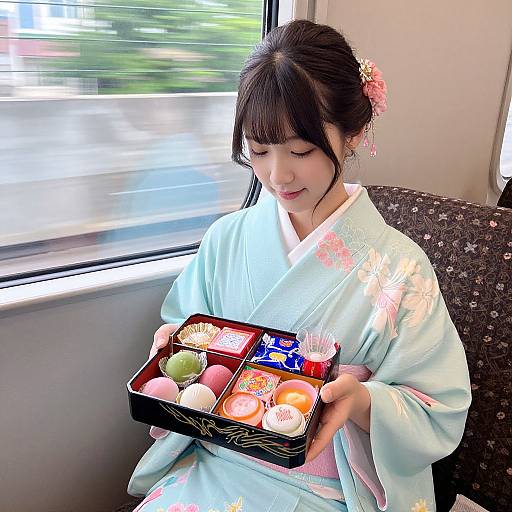 Photograph of a young Japanese woman in a light blue kimono with pink floral patterns, holding a colorful bento box of sweets, seated by a