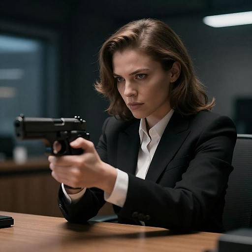 Focused Woman Aiming Handgun at Desk