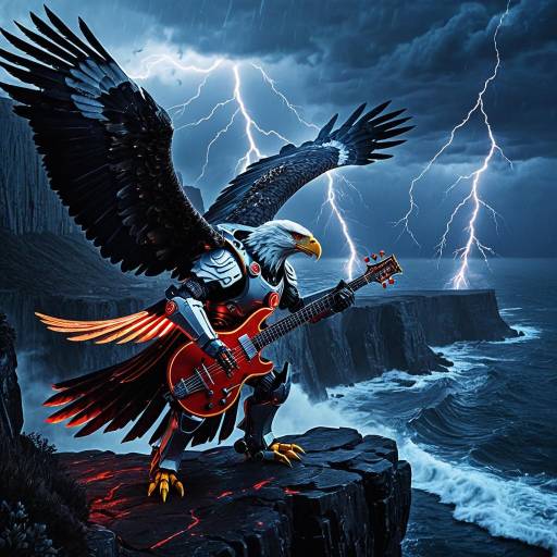 Robotic Eagle Playing Electric Guitar on Stormy Cliff