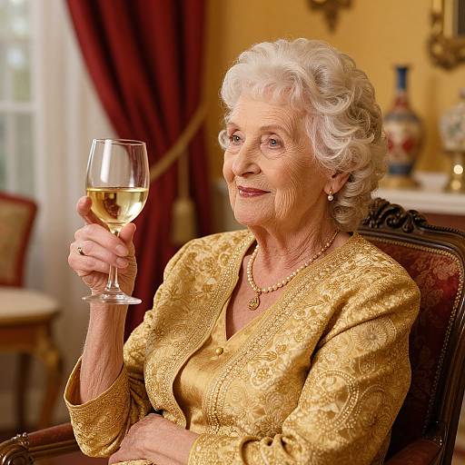 Elegant elderly woman with curly white hair, in a gold patterned dress, holding a glass of white wine, smiling in a warmly lit, luxurious