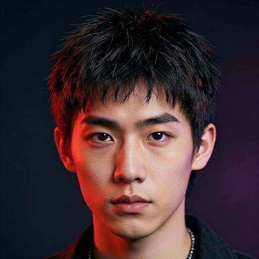 Close-up photograph of a young Asian man with spiky black hair, neutral expression, red and blue lighting, dark background.