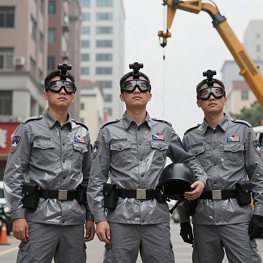 Three Men in Gray Military-Style Uniforms with Head-Mounted Cameras