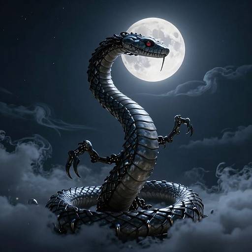 Digital art of a metallic, serpentine dragon coiled beneath a bright full moon, surrounded by dark, wispy clouds. The dragon's scales
