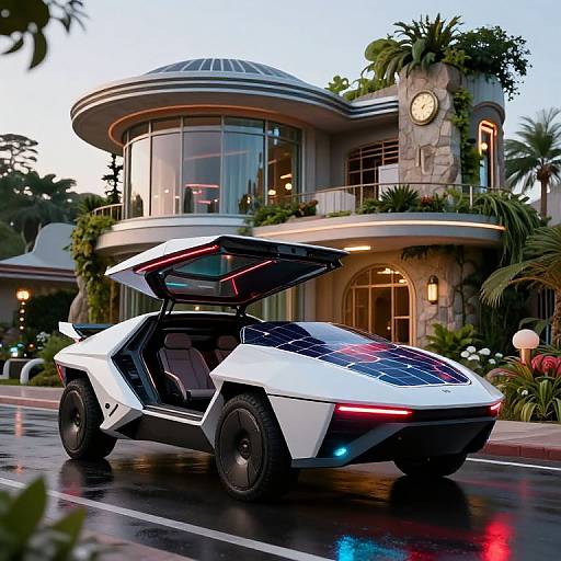 High-tech, futuristic white sports car with glowing red and blue lights parked in front of a luxurious, modern, two-story mansion.