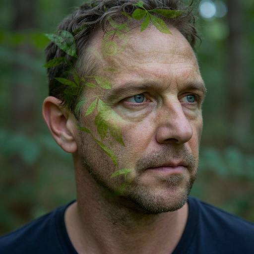Photograph of a rugged, blue-eyed man with short, curly brown hair and green leaf streaks on his face, wearing a black shirt, looking