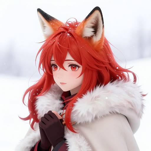 Digital anime-style drawing of a red-haired girl with fox ears, wearing a white fur-trimmed coat, black gloves, and looking forward. Snow