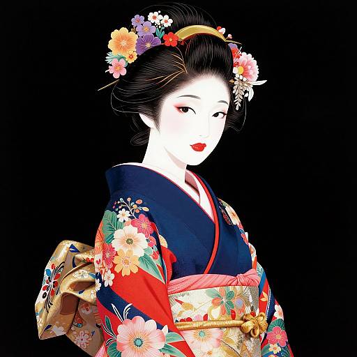 Digital artwork of a pale-skinned Japanese woman in a vibrant floral kimono, adorned with flowers in her hair, against a black background.