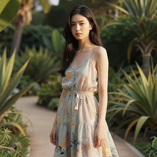 Photograph of a young woman with long dark hair, wearing a light, floral sundress, standing in a sunlit, lush garden pathway.