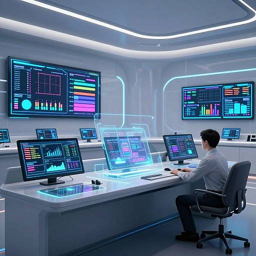 Photograph of a modern, brightly lit control room with a male operator in a white shirt monitoring multiple colorful, high-tech screens.