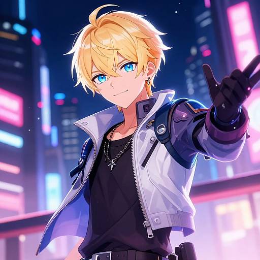 Blonde anime boy with blue eyes, black shirt, white jacket, black gloves, and cross necklace, extends hand out in vibrant, neon-lit