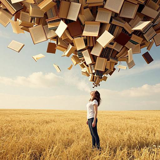 Photograph of a woman with curly hair, white shirt, and jeans, standing in a golden wheat field, gazing at a tree-like structure of