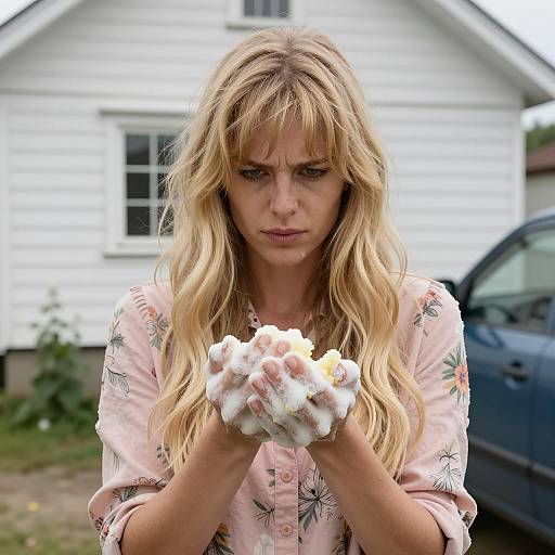 Blonde Woman Holding Foam Outdoors