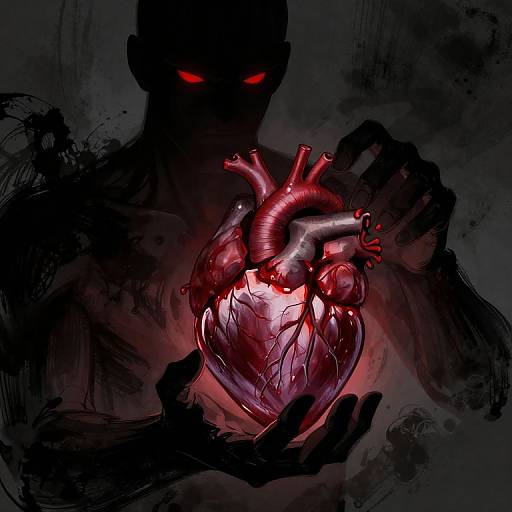 Digital art: Silhouetted figure with glowing red eyes holds a glowing, anatomically detailed, red heart with veins and arteries. Dark, sm