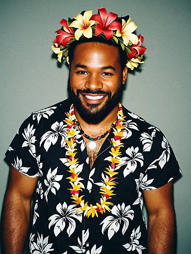 Smiling Dark-Skinned Man in Hawaiian Luau Outfit
