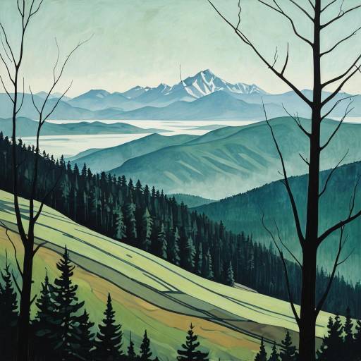 Muted Mountain Landscape with Forest and Mist