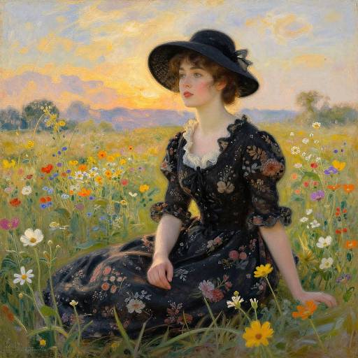 Photorealistic painting of a fair-skinned woman with curly brown hair, wearing a black floral dress and wide-brimmed hat, seated in a