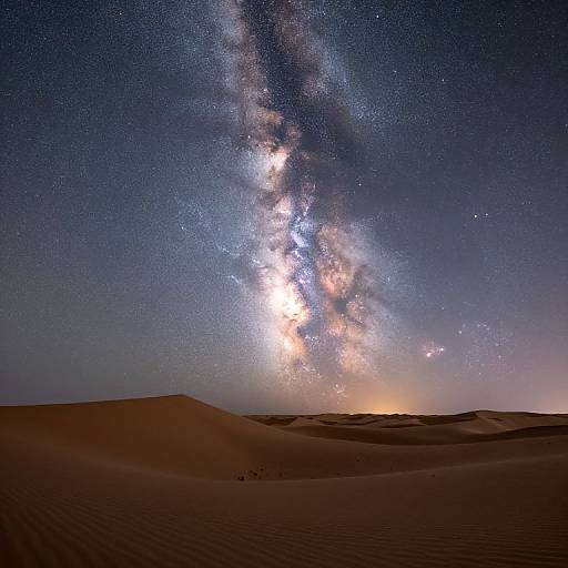 Photograph of a starry night sky with the Milky Way galaxy above rolling desert dunes, illuminated by a glowing horizon.