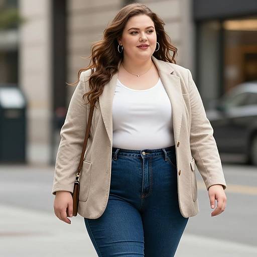 Photograph of a confident, curvy woman with long brown hair, wearing a beige blazer, white top, and high-waisted blue jeans