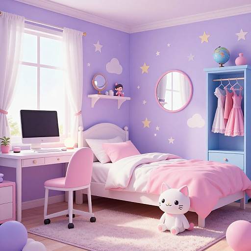 Cute pastel purple bedroom with pink and white bedding, star decals, desk, chair, globe, clothes rack, stuffed cat, and window.