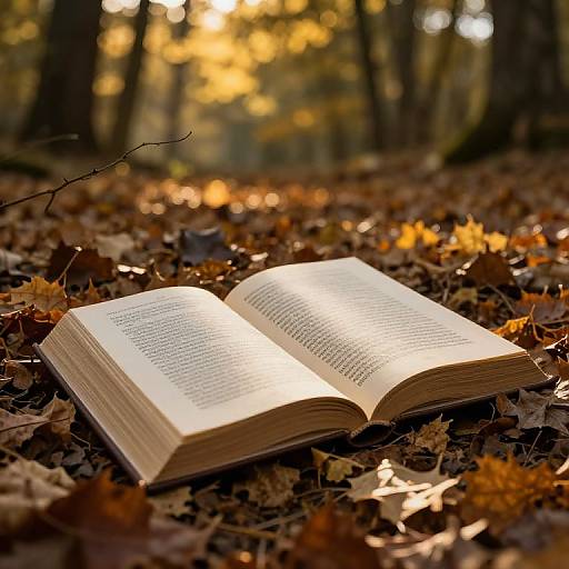 Photograph of an open book resting on an autumn forest floor, surrounded by fallen leaves illuminated by warm, golden sunlight.