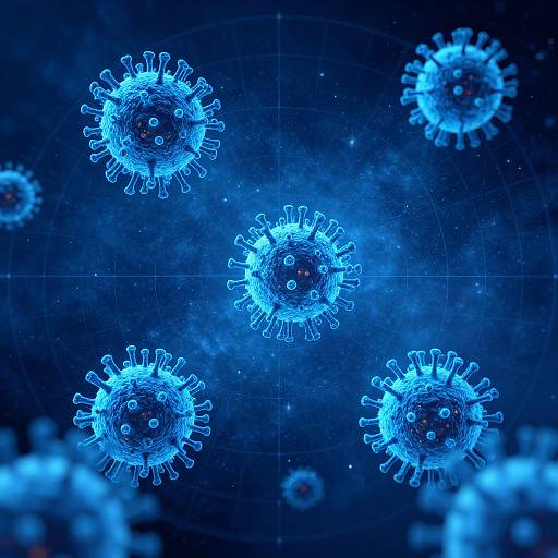 Digital CGI image of glowing blue, spherical coronavirus particles with spiky protrusions floating in a dark blue, starry background.