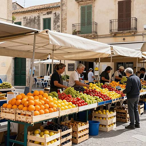 Photograph of a sunny outdoor market stall with colorful fruits, including oranges, apples, and grapes, under beige umbrellas, with elderly vendors and customers