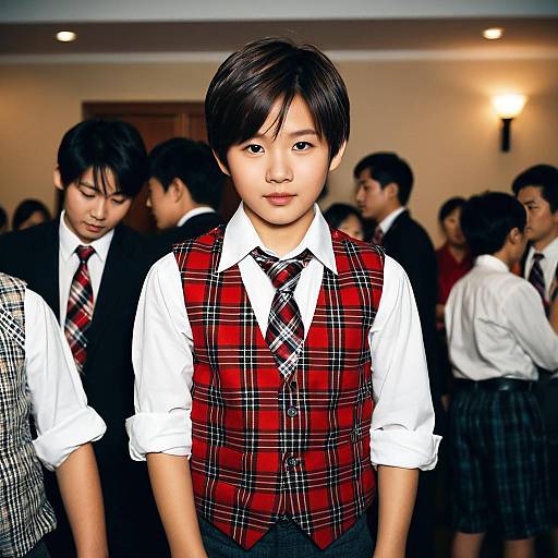 Young boy in red plaid vest at party