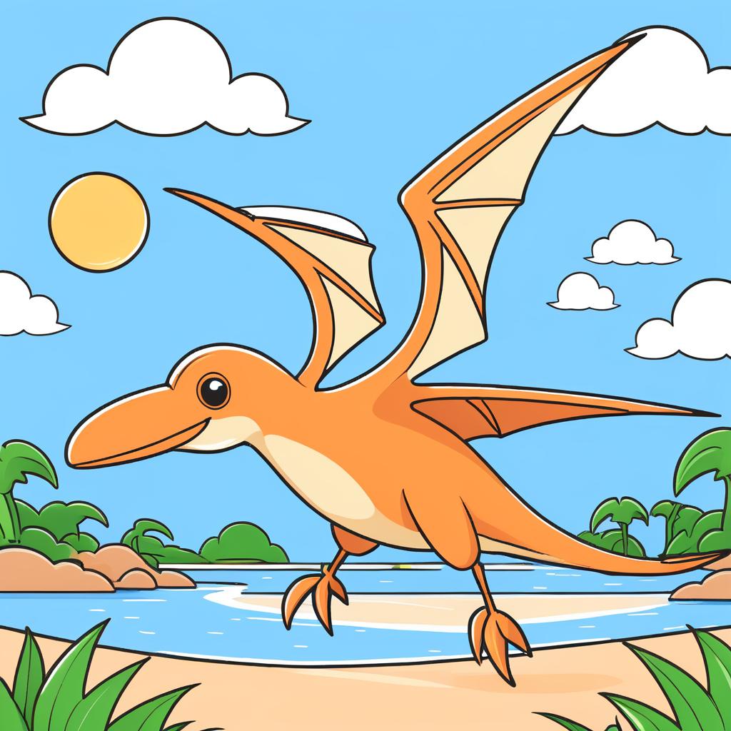 Cute Pterodactyl Coloring Book Illustration