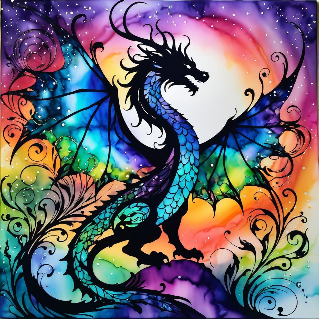 Radiant Dragon Silhouette Alcohol Ink Art