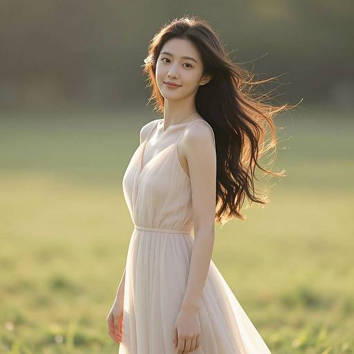 Photograph of an Asian woman with long, flowing black hair, wearing a light beige, sleeveless dress, standing in a sunlit field, smiling