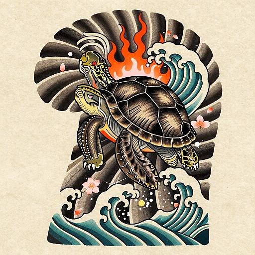 Vibrant tattoo-style illustration of a fierce turtle with flames on its shell, surrounded by dynamic ocean waves and cherry blossoms.