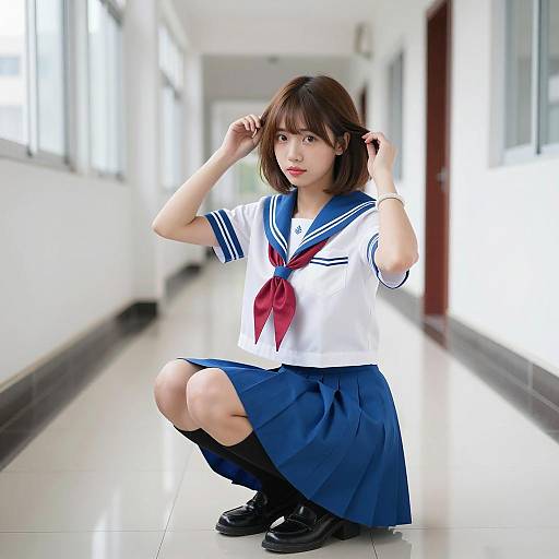 Bright Hallway Scene with Asian Woman